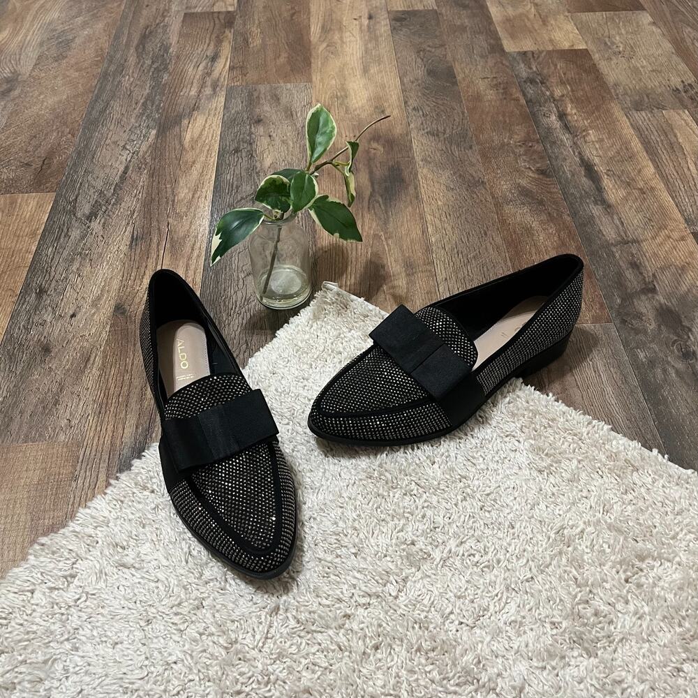 ALDO Size 9 Black Leather Rhinestone Point Toe Bow Detail Nerillian Loafer Flats